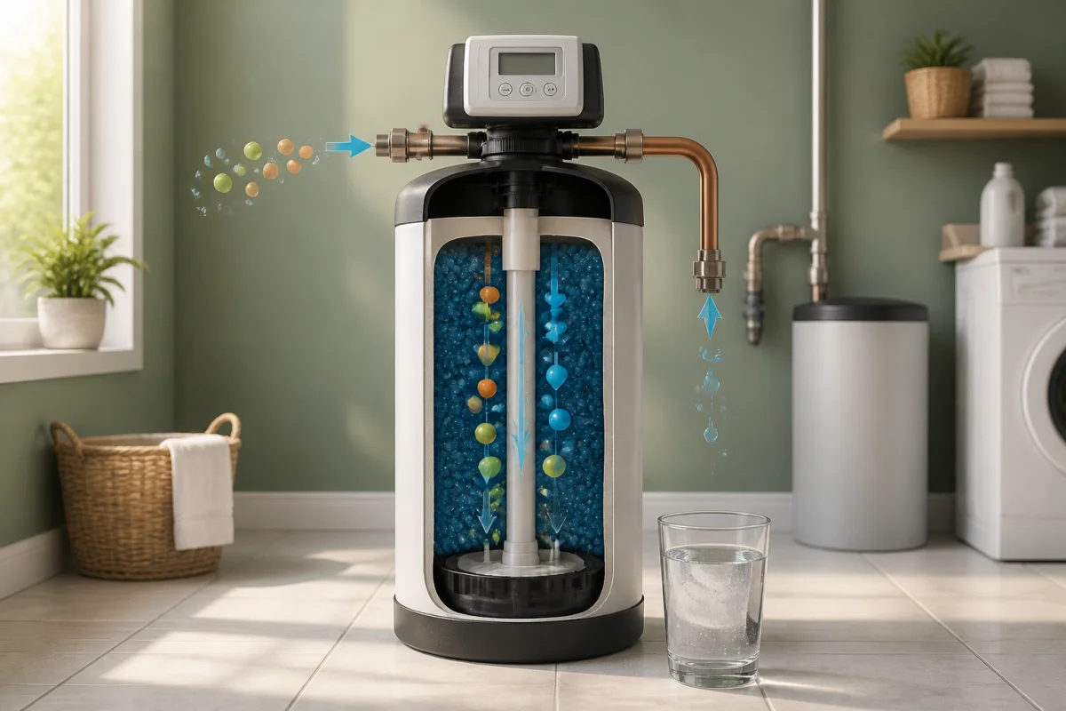 Adoucisseur d’eau domestique en coupe montrant l’échange calcium-sodium, avec un verre d’eau claire au premier plan
