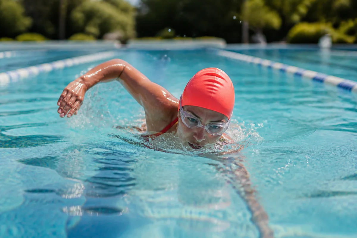 Nageur adulte pratiquant le crawl en piscine extérieure pour perdre du poids efficacement grâce à un entraînement dynamique