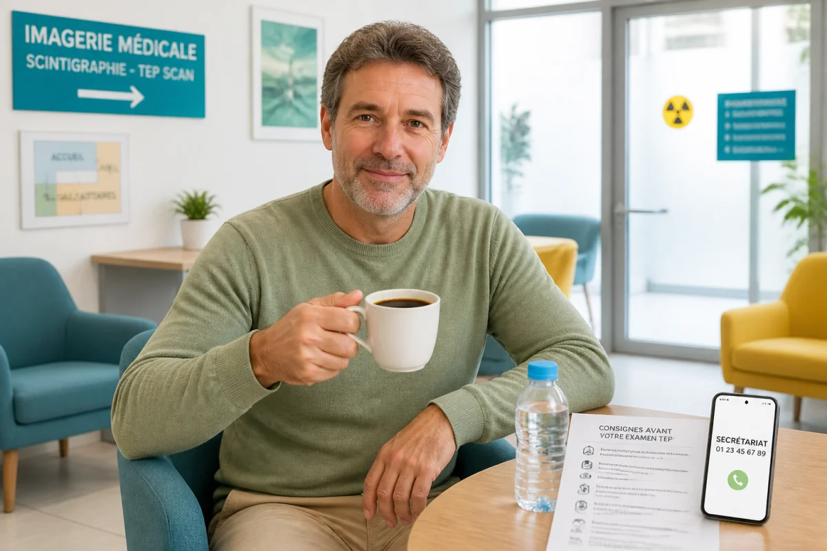 Patient tenant un café noir avant un PET-scan, avec bouteille d’eau et consignes médicales en salle d’attente