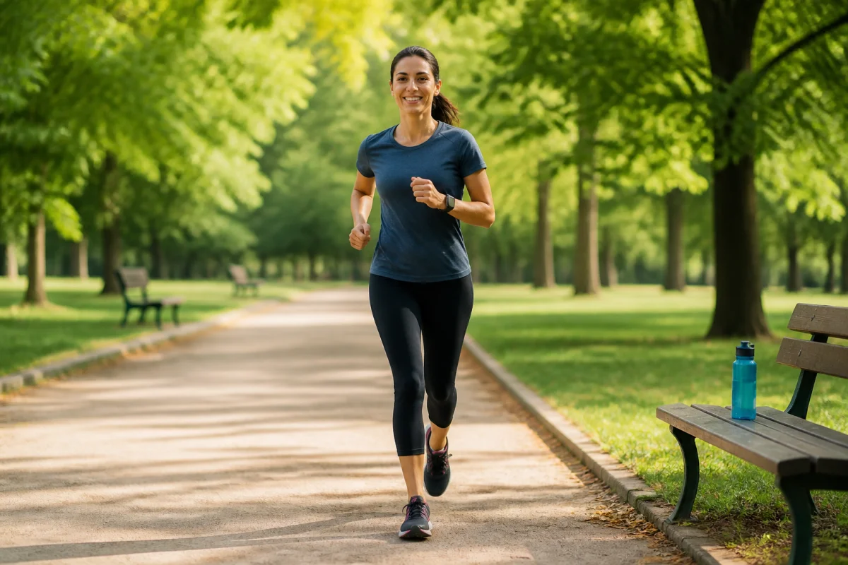 Adulte alternant marche rapide et course légère dans un parc verdoyant pour maigrir et perdre du poids