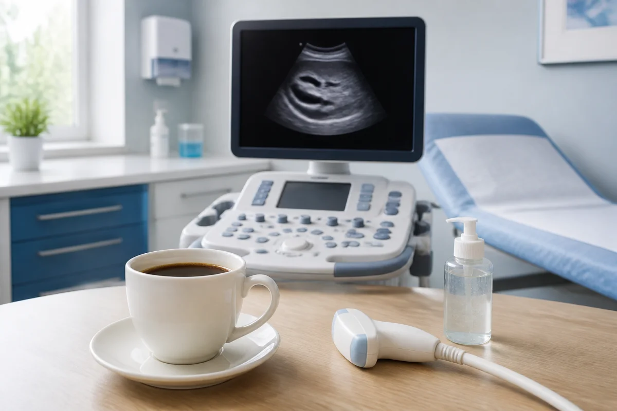 Tasse de café noir à côté d’un appareil d’échographie abdominale dans un cabinet médical lumineux