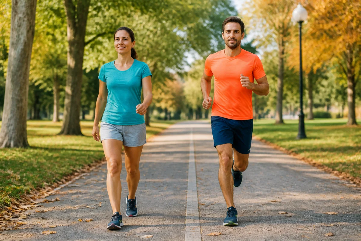 Marche ou course pour maigrir : deux sportifs avancent dans un parc arboré aux couleurs automnales
