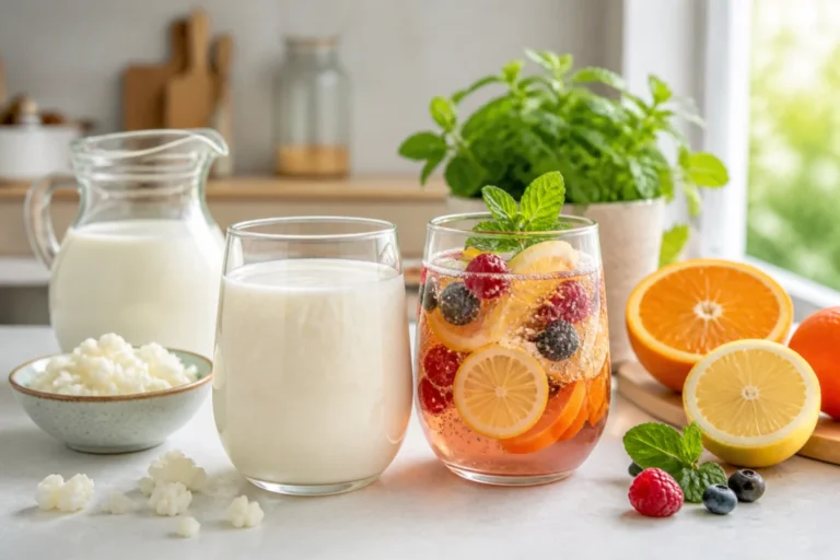 Deux verres de kéfir de lait et de fruits illustrant les bienfaits d’une consommation quotidienne équilibrée