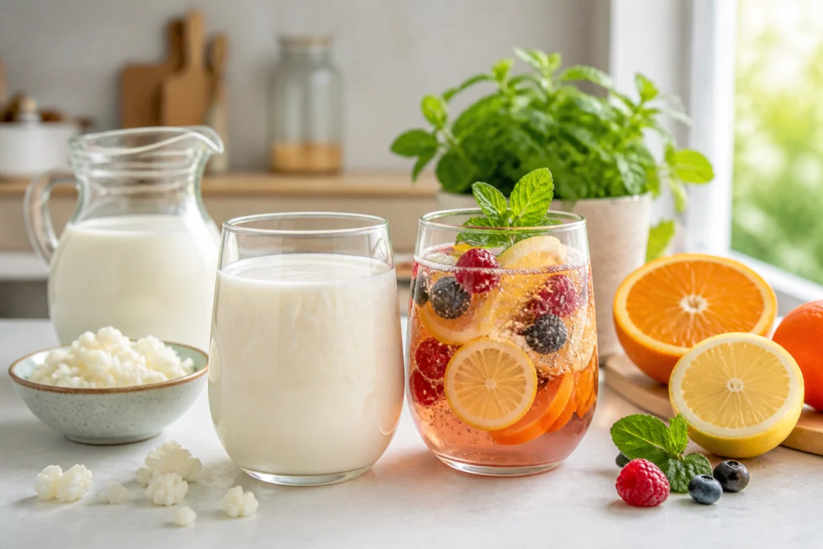 Deux verres de kéfir de lait et de fruits illustrant les bienfaits d’une consommation quotidienne équilibrée