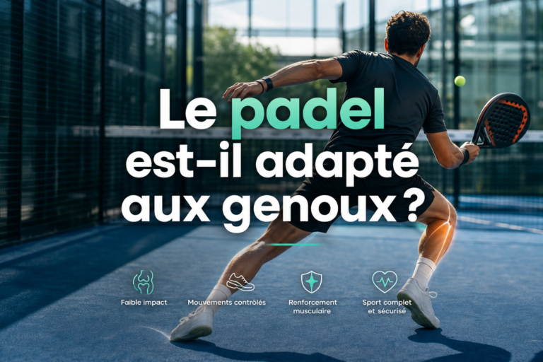 Padel et genoux, joueur de padel sur court moderne