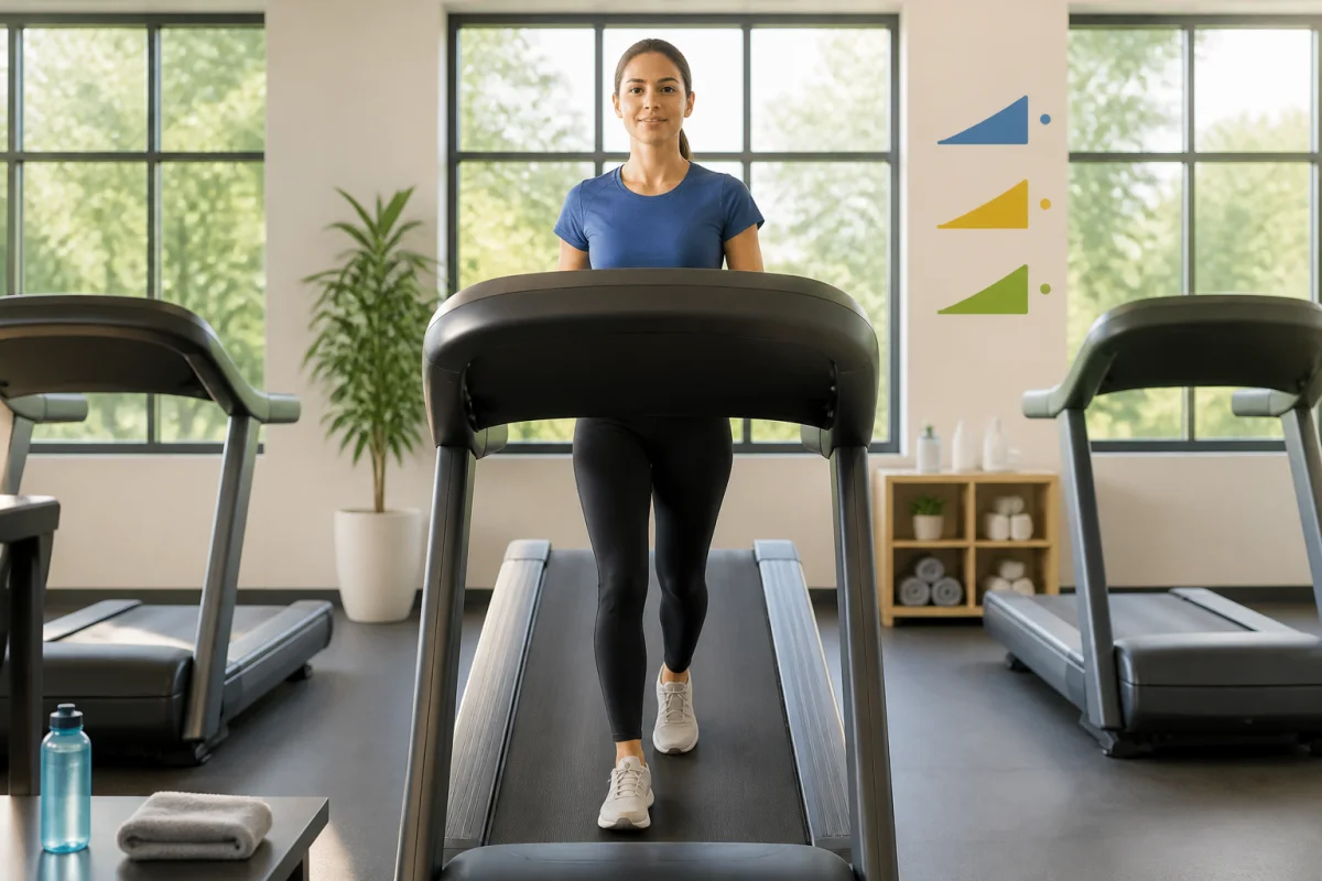Débutante marchant sur un tapis de course incliné pour maigrir, dans une salle de sport lumineuse et moderne