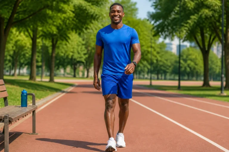 Personne athlétique en tenue de sport marchant dynamiquement sur une piste pour illustrer combien de temps pour perdre 30 kg.