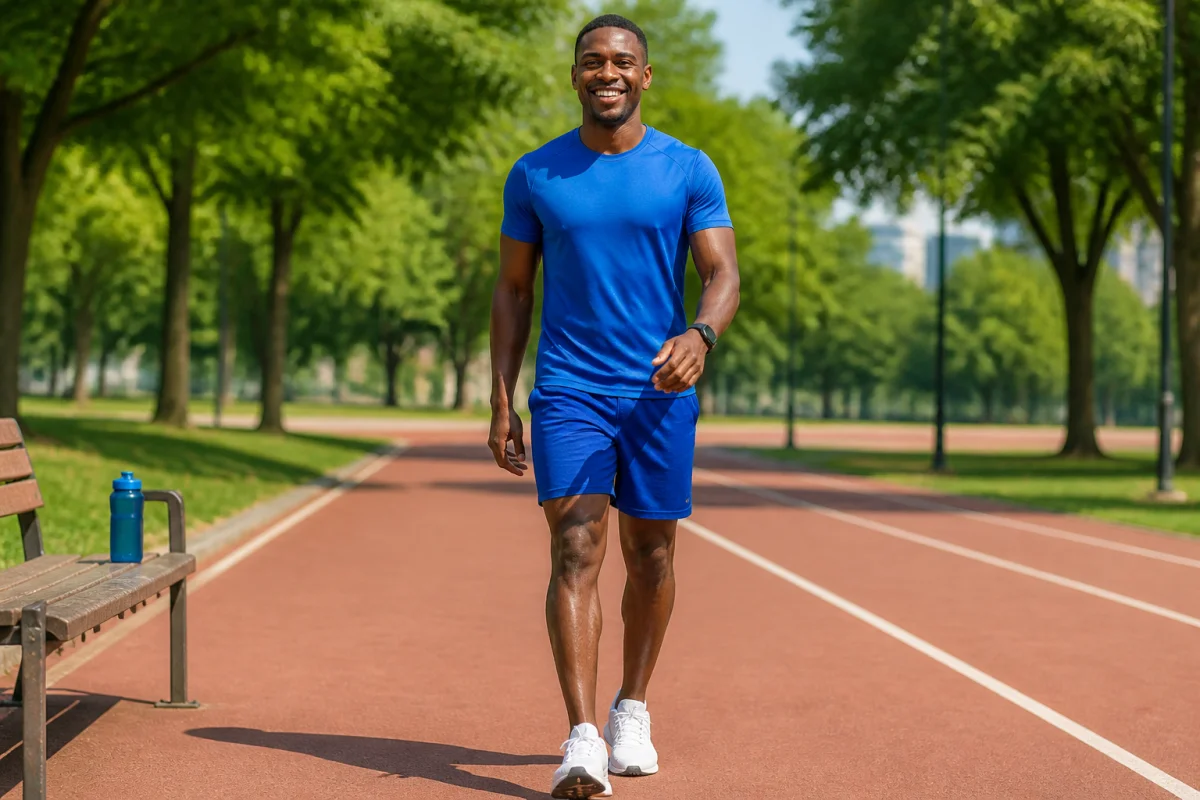 Personne athlétique en tenue de sport marchant dynamiquement sur une piste pour illustrer combien de temps pour perdre 30 kg.