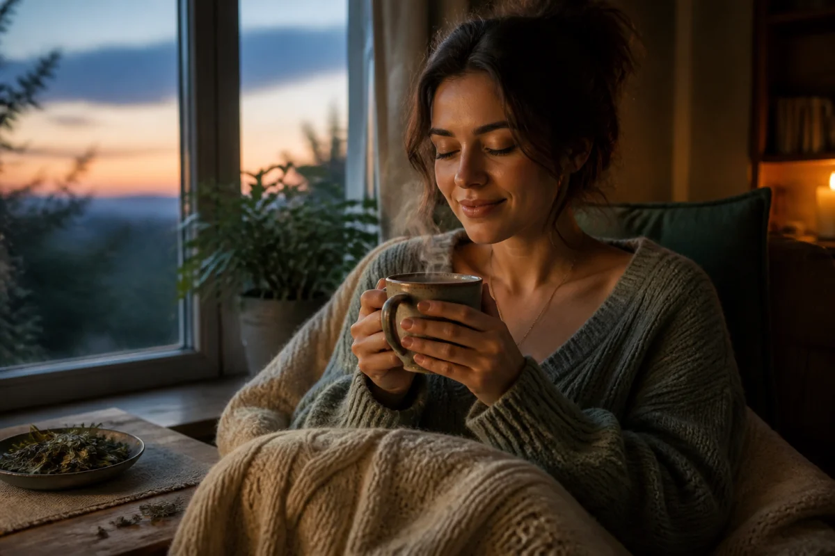 Personne détendue tenant une tisane d'ortie fumante dans une ambiance cosy pour savoir si on peut en boire le soir.
