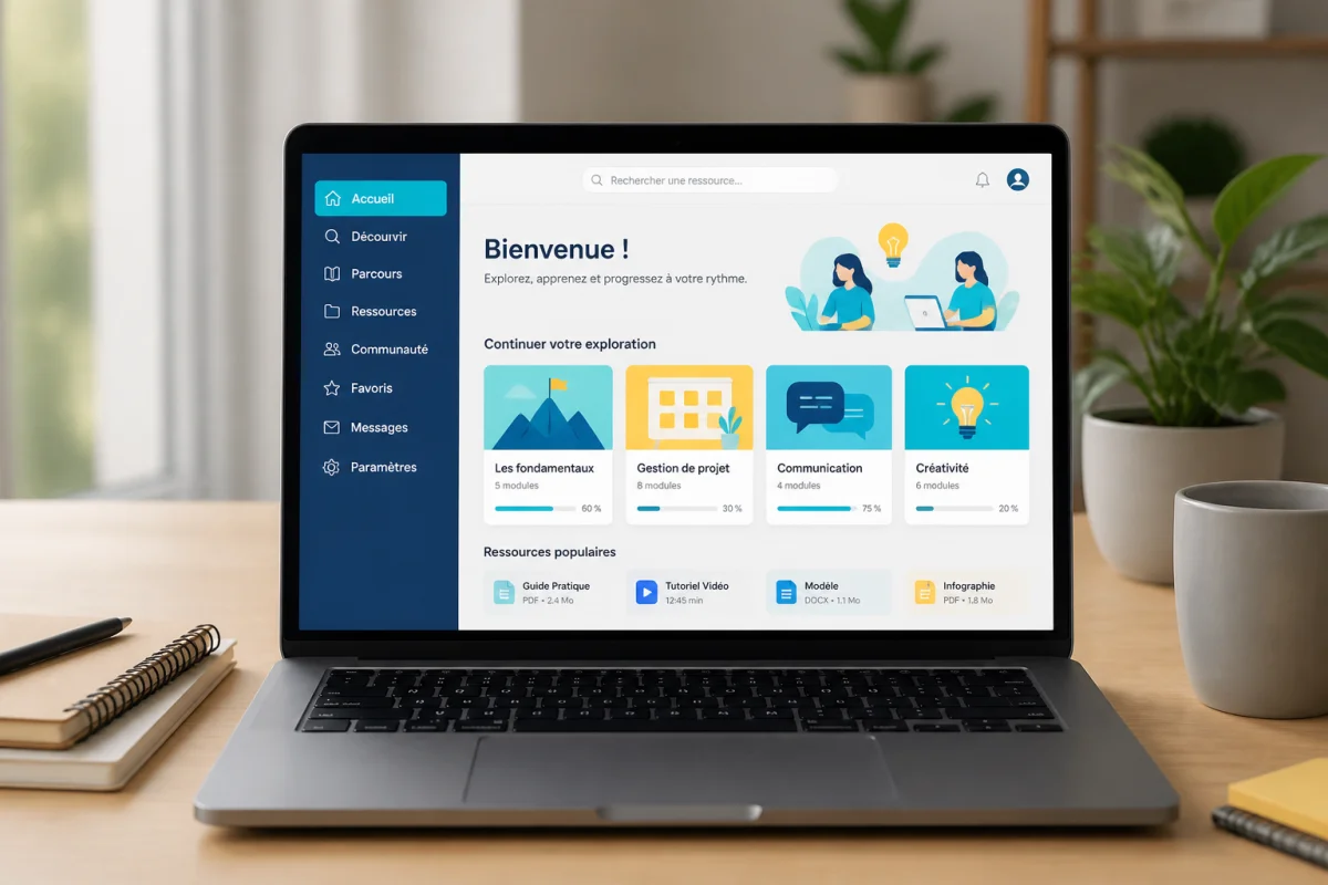 Ordinateur portable affichant l’univers numérique d’Albanygc, avec navigation structurée, cartes de contenu et ressources accessibles sur bureau moderne.