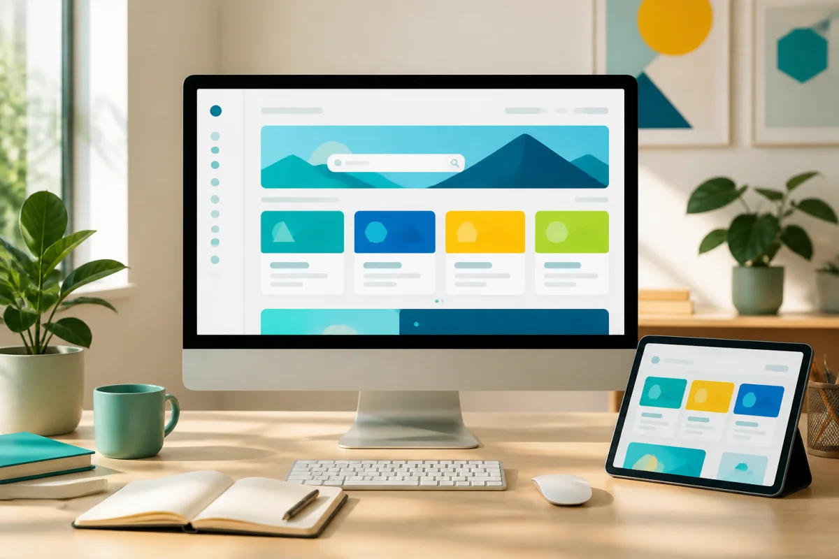 Albanygc présente une interface numérique claire de découverte et d’orientation, entourée de contenus organisés sur un bureau lumineux.