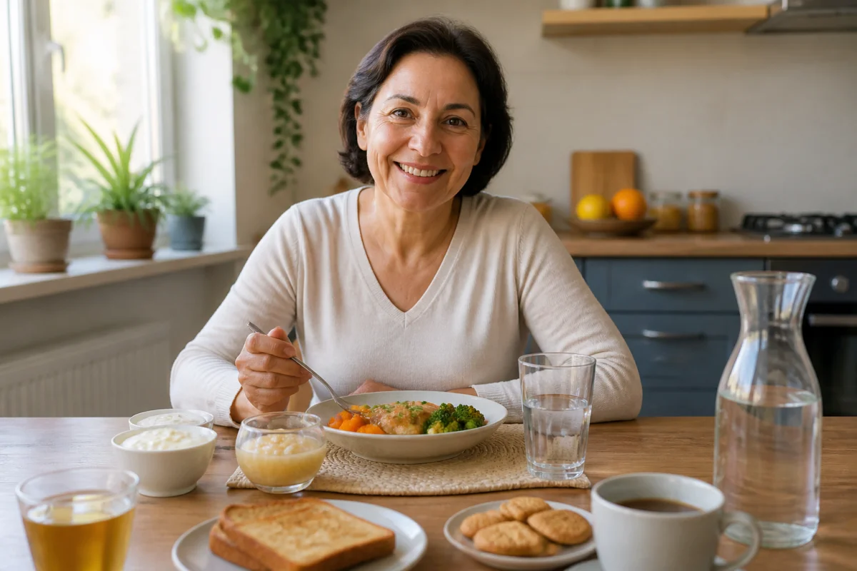 Adulte souriant dans une cuisine, entouré d’aliments humides et équilibrés, illustrant comment gérer une bouche sèche au quotidien.