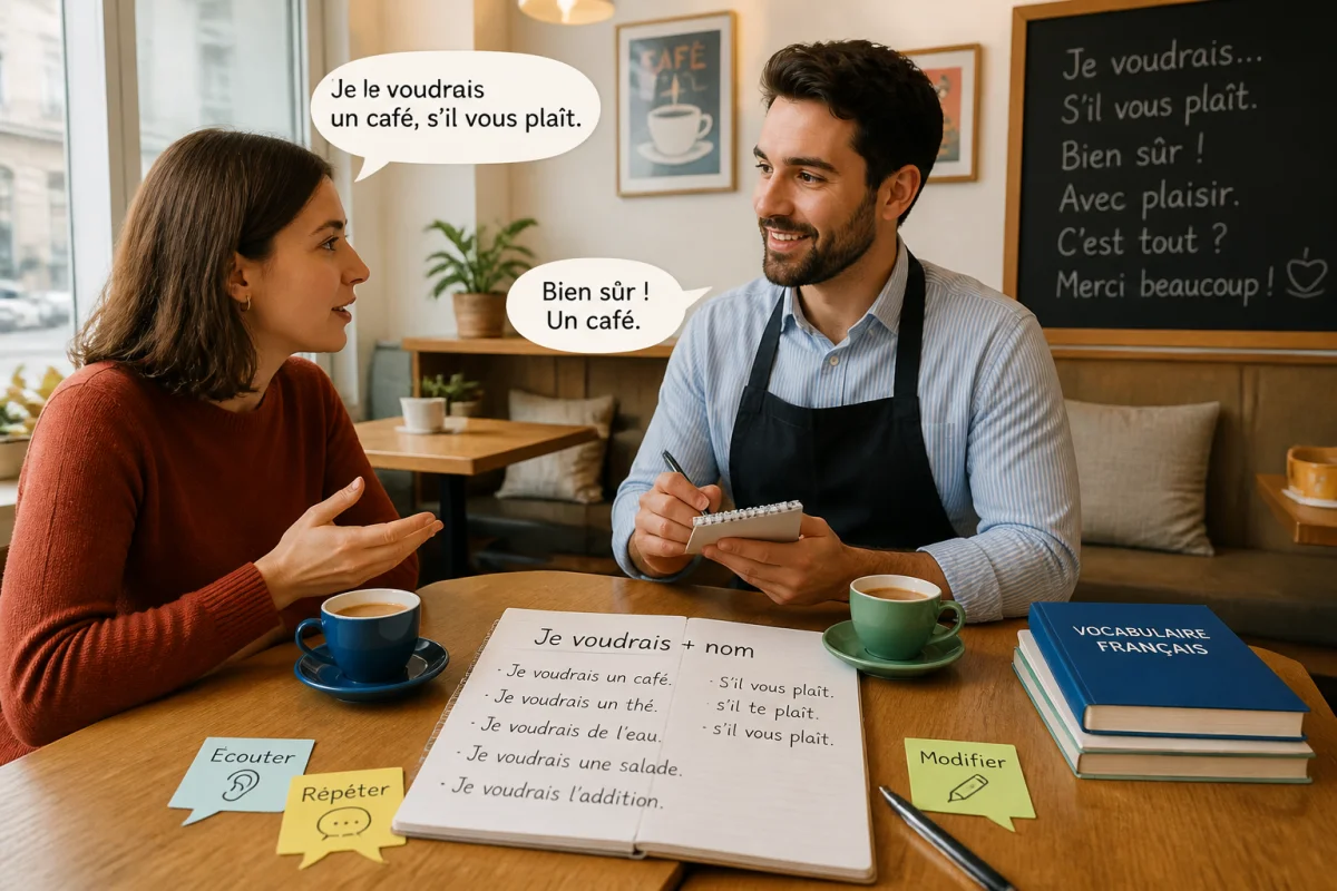 Deux adultes pratiquent le français au café avec un carnet de vocabulaire et des phrases affichées au tableau.