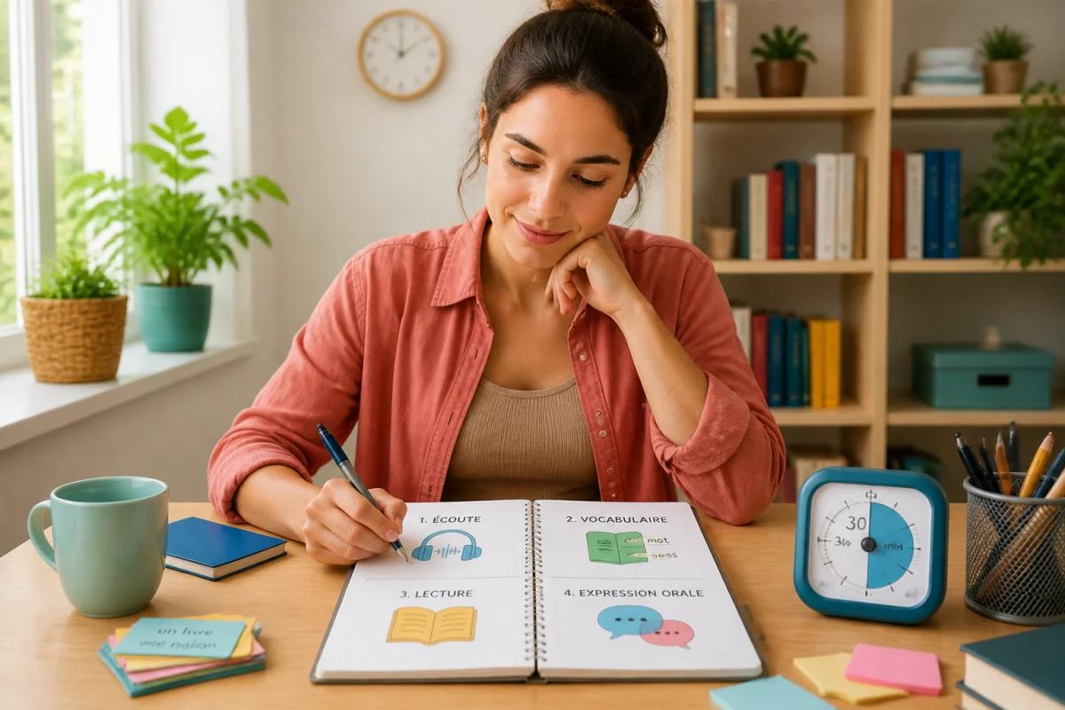Apprendre le français rapidement : adulte étudiant au bureau, carnet structuré, minuteur de 30 minutes et quatre étapes d’apprentissage