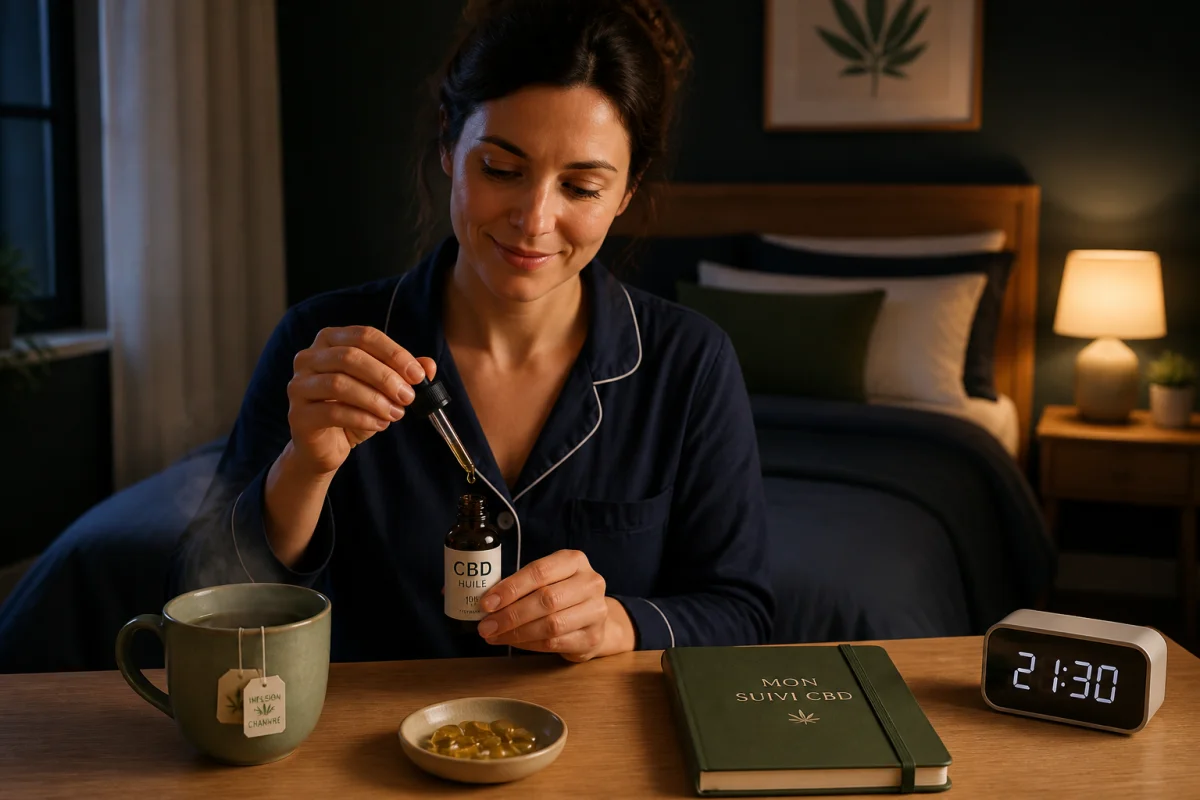 CBD et sommeil : rituel du soir avec huile de CBD, capsules et infusion chaude dans une chambre paisible