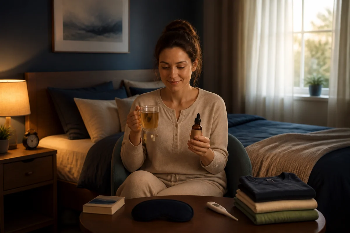 Routine du soir apaisante illustrant le CBD et sommeil, avec tisane, flacon neutre et chambre confortable.