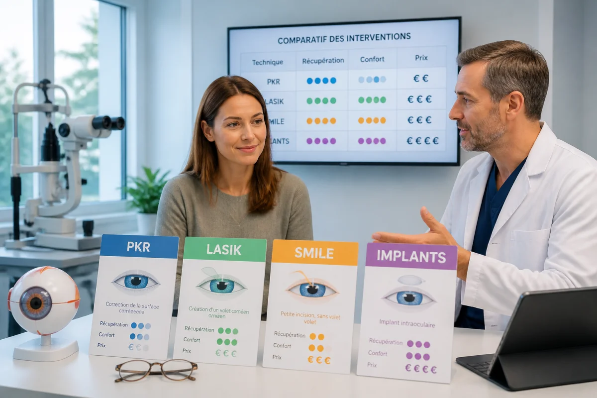 Patiente informée sur les prix et options de chirurgie réfractive PKR, LASIK, SMILE et implants en clinique ophtalmologique