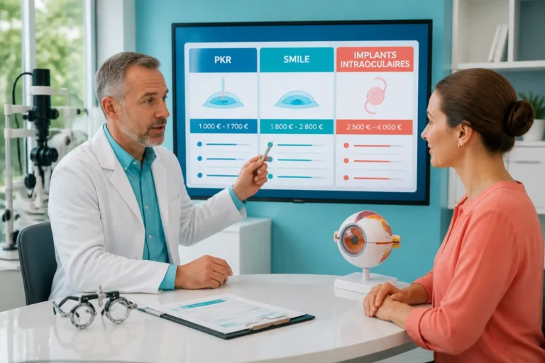 Ophtalmologiste expliquant à une patiente les prix comparatifs de la chirurgie réfractive PKR, SMILE et implants intraoculaires