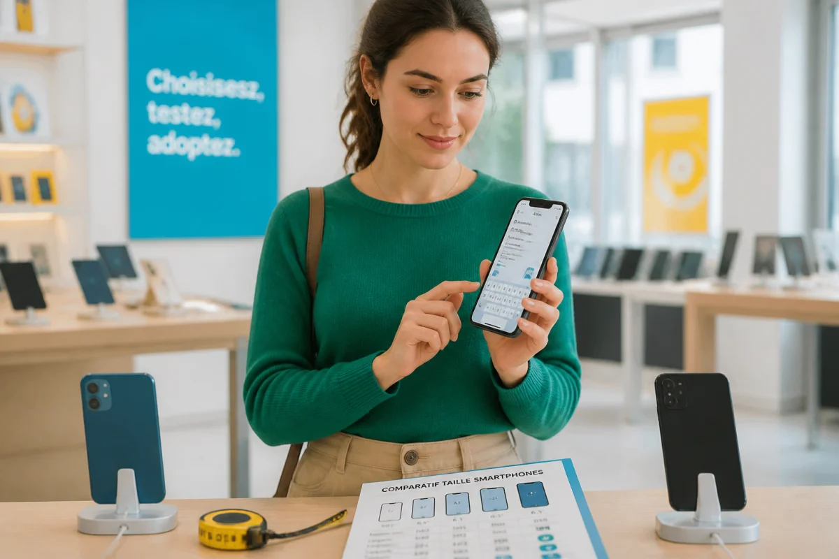 Débutant testant un smartphone à une main en magasin pour choisir un smartphone adapté à ses besoins