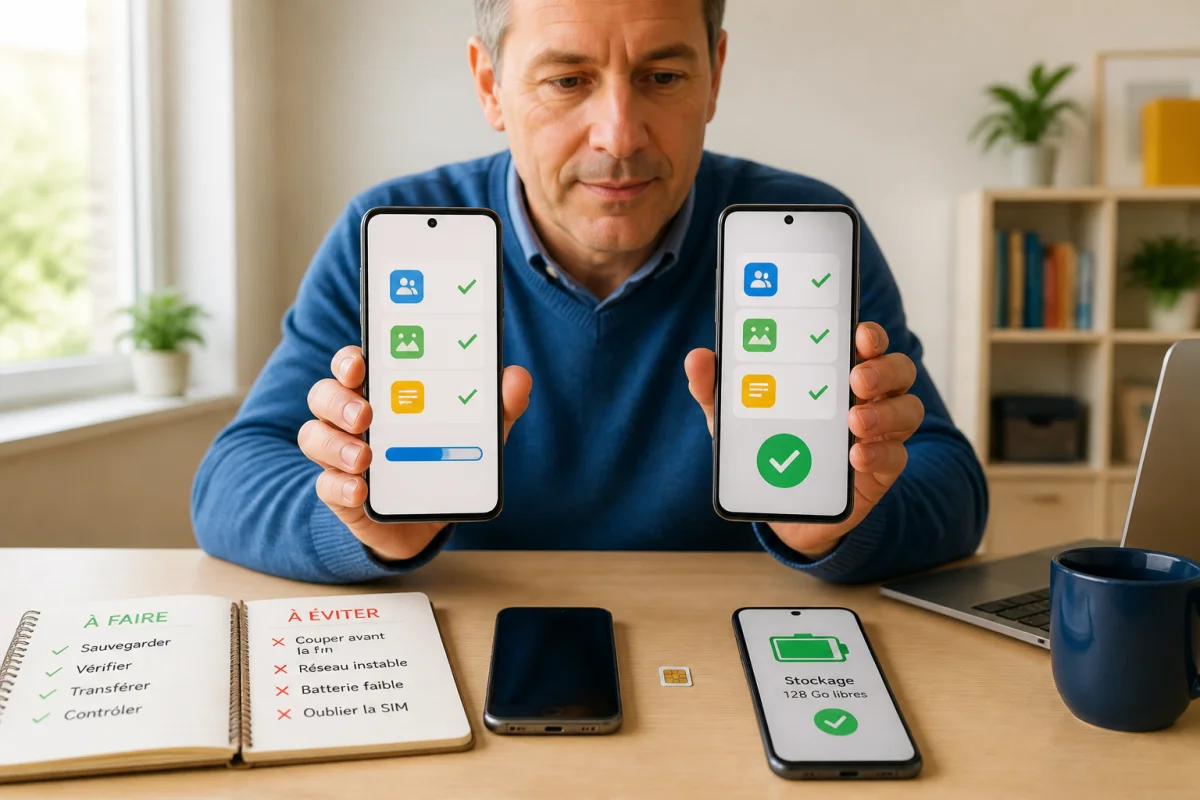 Adulte débutant choisissant un smartphone avec checklist et préparant le transfert de ses données entre ancien et nouvel appareil