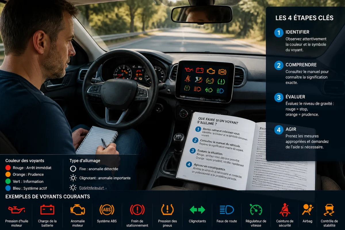 Comprendre les voyants du tableau de bord grâce à un conducteur serein observant les alertes colorées et le manuel ouvert.
