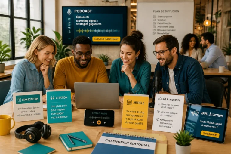 Équipe marketing créant plusieurs contenus à partir d’un podcast de marque autour d’un ordinateur portable.