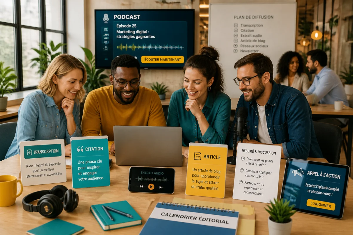 Équipe marketing créant plusieurs contenus à partir d’un podcast de marque autour d’un ordinateur portable.
