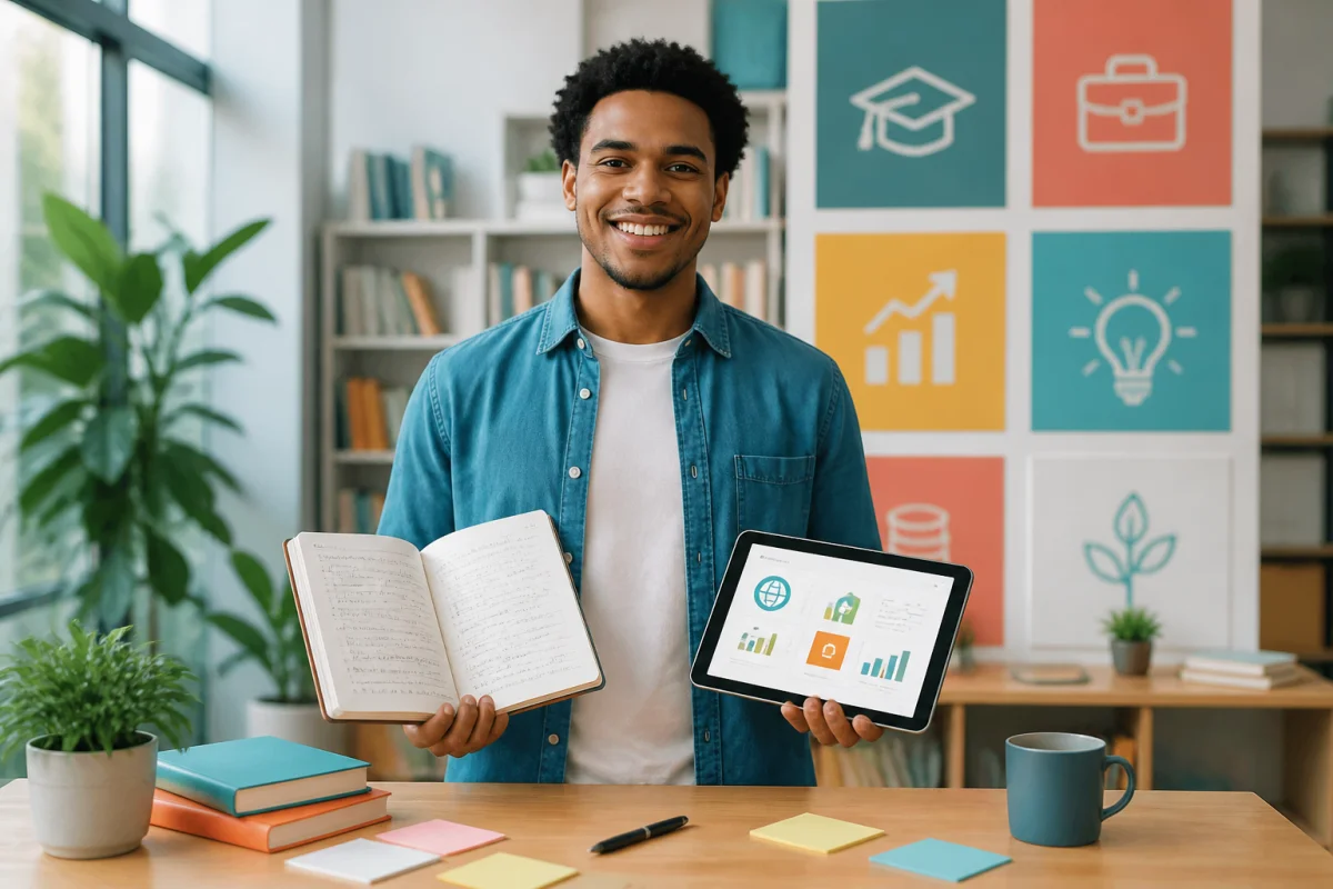 Jeune adulte souriant avec carnet et tablette, dans une bibliothèque, symbolisant la réussite des études et de la carrière Cuidam