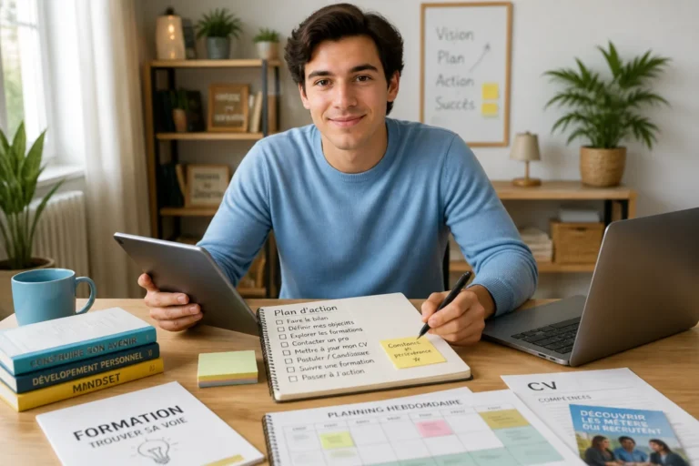 Étudiant consultant Cuidam sur tablette et organisant son parcours d’études et de carrière dans un carnet de notes