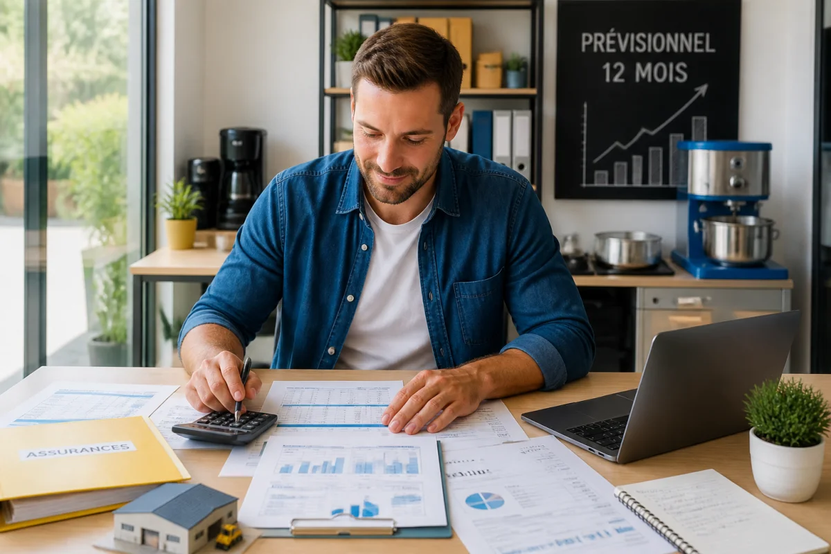 Entrepreneur serein préparant un budget prévisionnel pour définir son statut juridique d’entreprise, avec calculatrice et tableaux financiers.