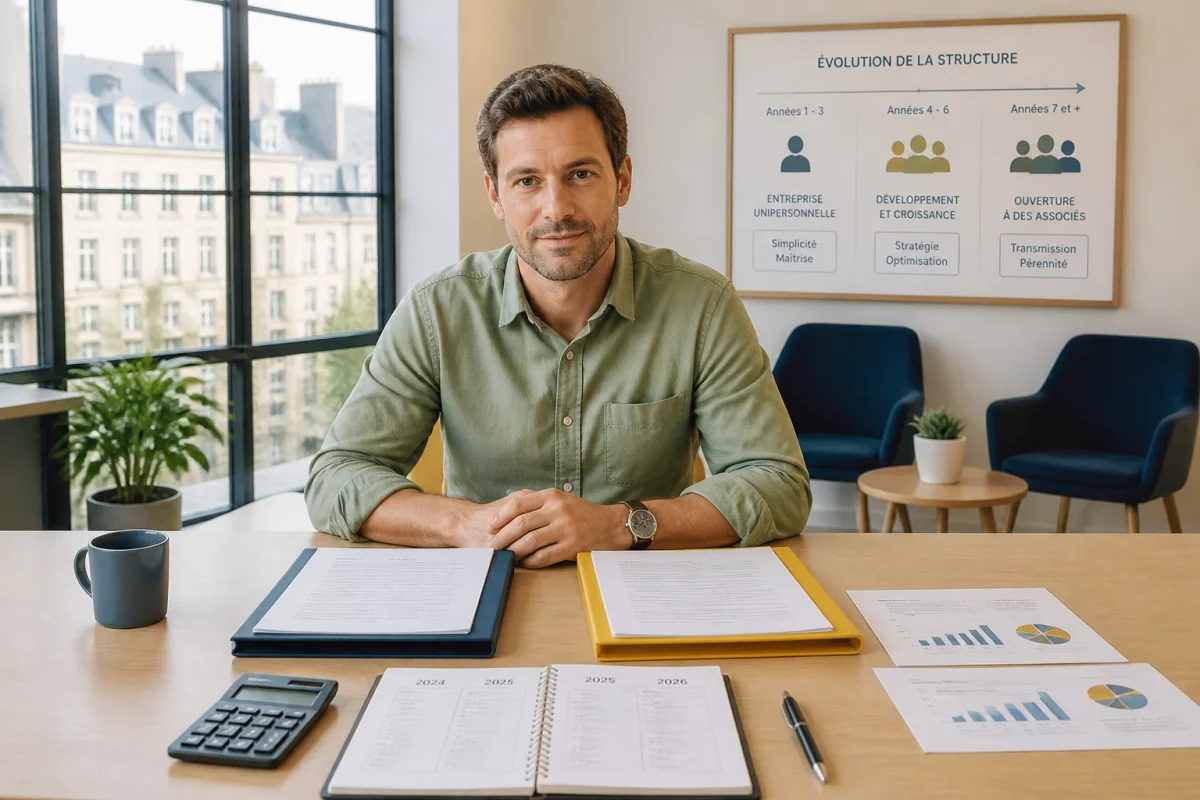Entrepreneur seul choisissant sereinement son statut juridique d’entreprise entre deux dossiers dans un bureau lumineux