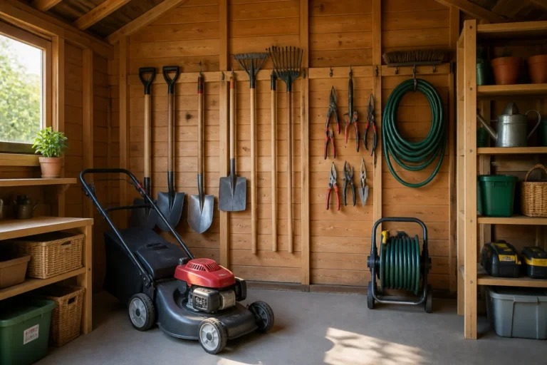 Abri de jardin organisé présentant une tondeuse, des outils, un sécateur et un tuyau pour l’entretien des équipements de jardin.
