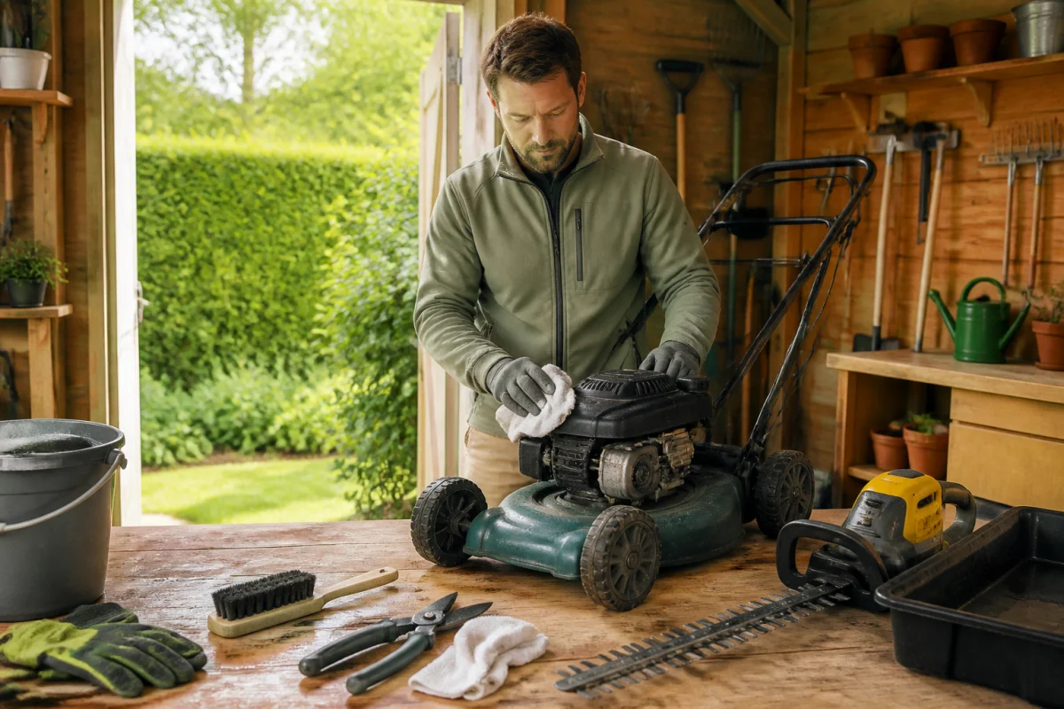 Entretien des équipements de jardin par un jardinier nettoyant tondeuse, sécateur et taille-haie dans un abri lumineux