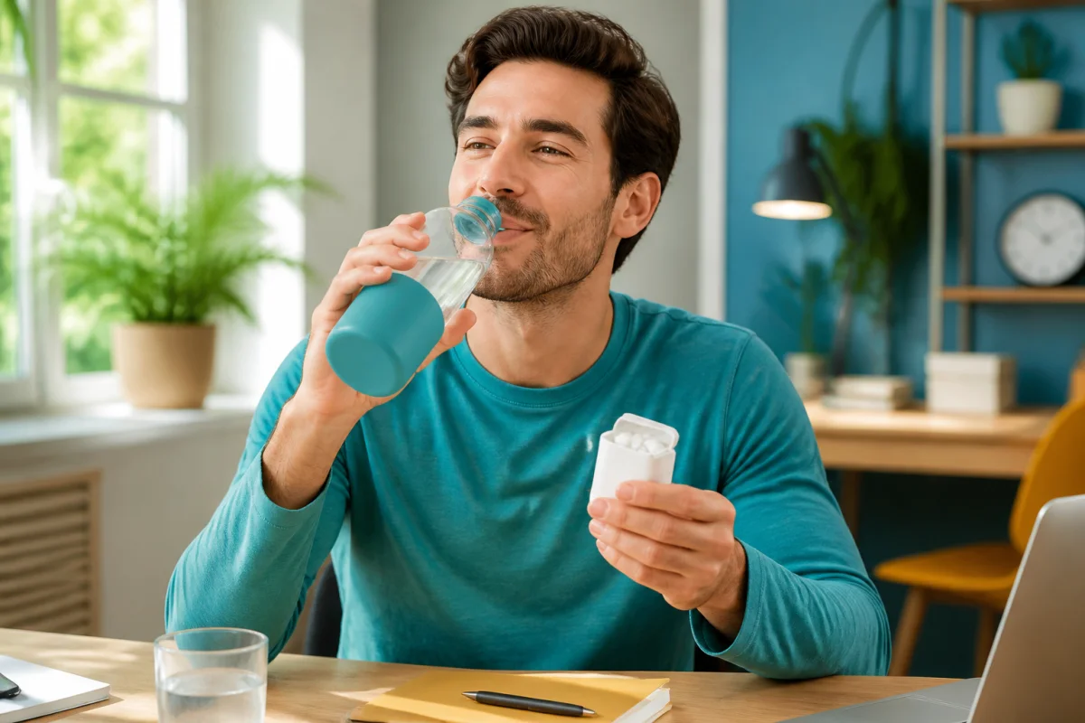 Adulte souriant buvant de l’eau et tenant de la gomme sans sucre pour gérer une bouche sèche au quotidien