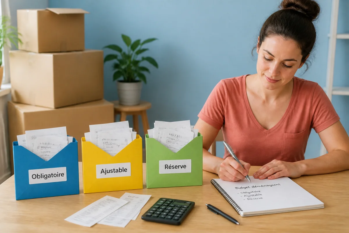 Gérer un budget de déménagement avec trois enveloppes étiquetées Obligatoire, Ajustable et Réserve, carnet et calculatrice