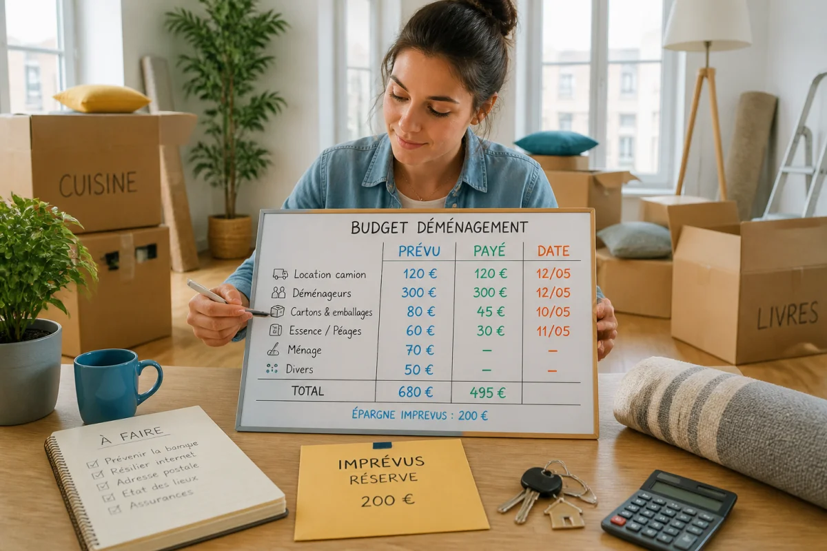 Personne utilisant un tableau pour gérer un budget déménagement, entre cartons, clés et fournitures.