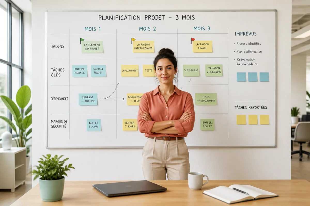 Responsable de projet organisant jalons, tâches et imprévus sur un tableau de planification en entreprise