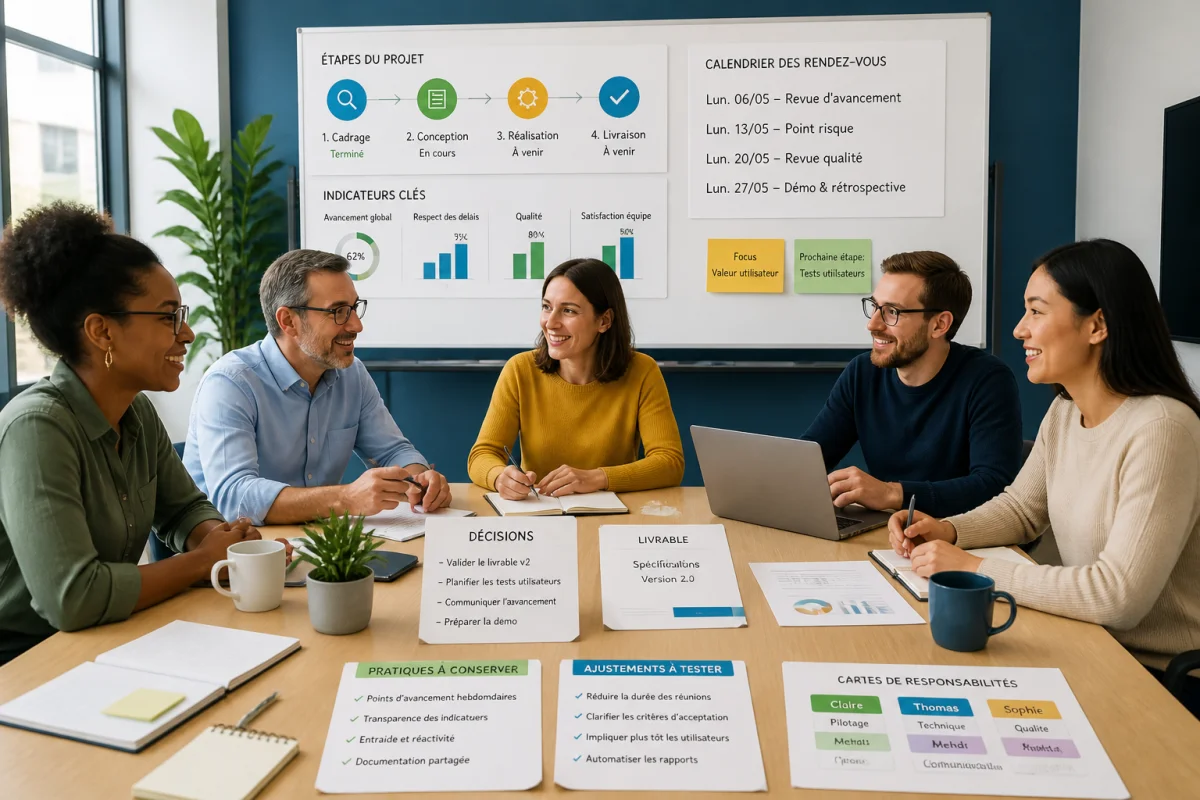 Équipe diverse pilotant un projet en entreprise autour d’une table, avec calendrier, indicateurs et tableau de suivi collaboratif
