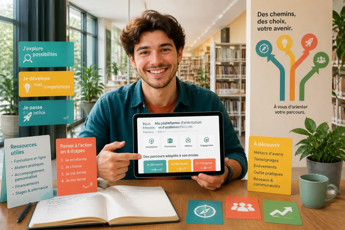 Jeune adulte consultant Justeo sur tablette dans une médiathèque, entouré de ressources pratiques pour mieux s’orienter et agir