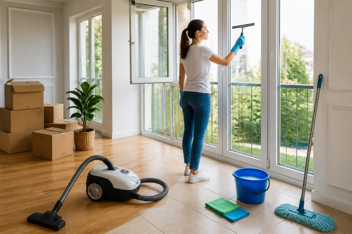 Personne nettoyant les vitres après un déménagement, avec aspirateur et serpillière prêts pour le sol