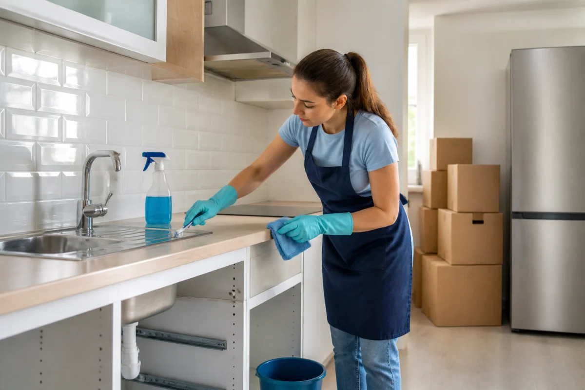 Personne nettoyant une cuisine après un déménagement avec une brosse à dents, des gants turquoise et des produits ménagers