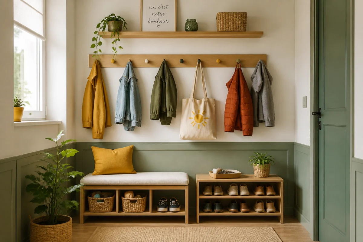 Entrée compacte organisée avec patères, paniers, rangement pour clés et assise, illustrant comment organiser son espace de vie