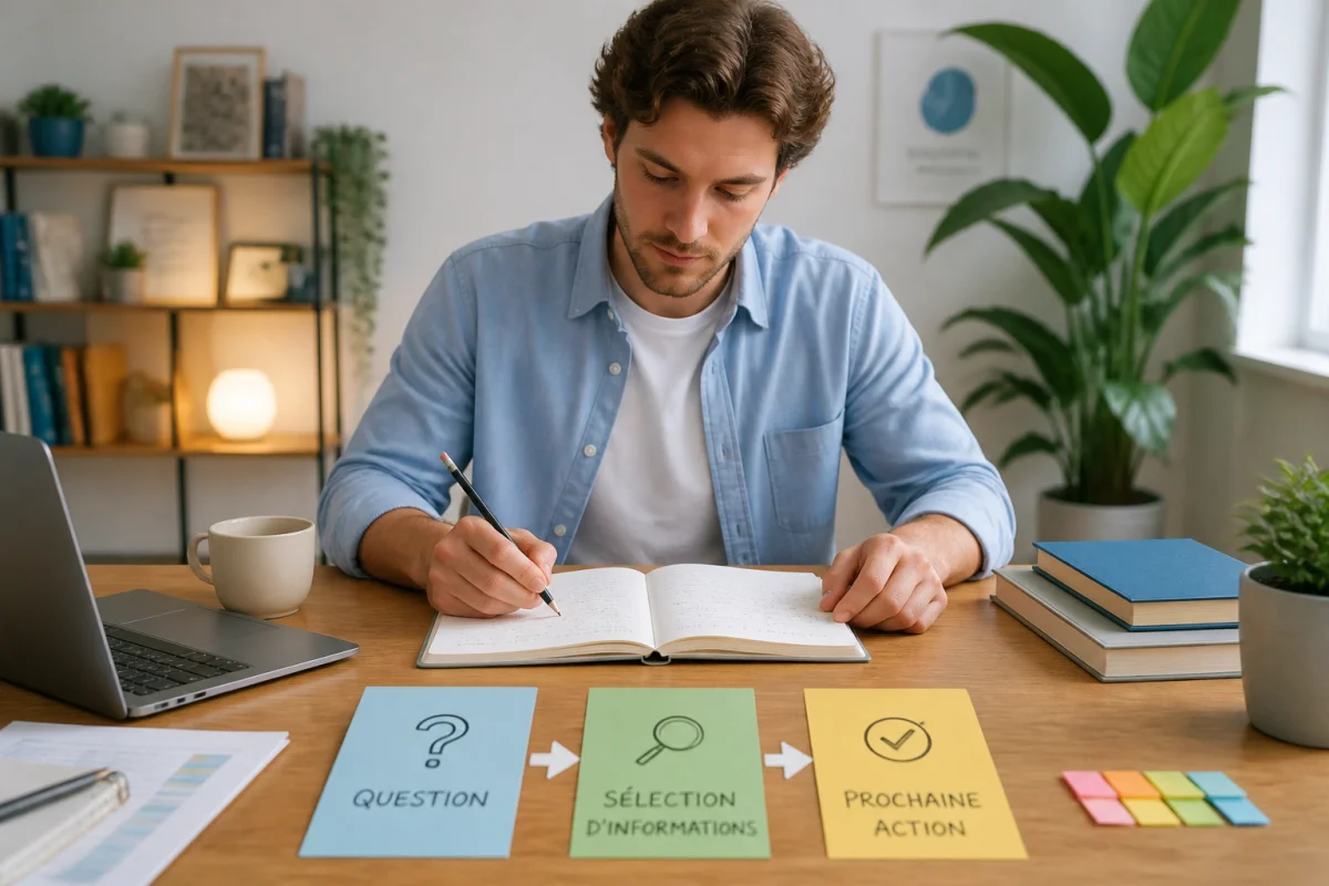 Personne prenant des notes selon la méthode Oror, avec trois fiches illustrant question, sélection et prochaine action