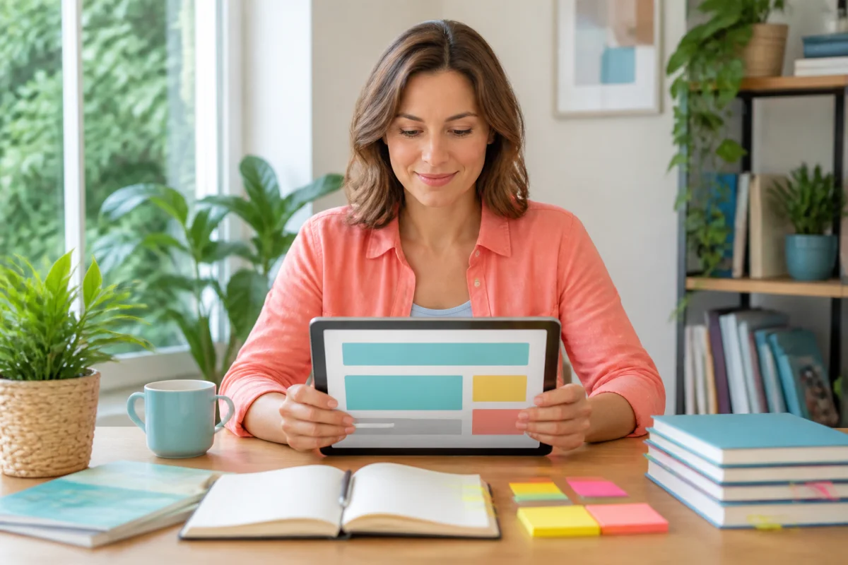 Personne consultant méthodiquement Oror sur une tablette, entourée de ressources éditoriales organisées dans un intérieur lumineux