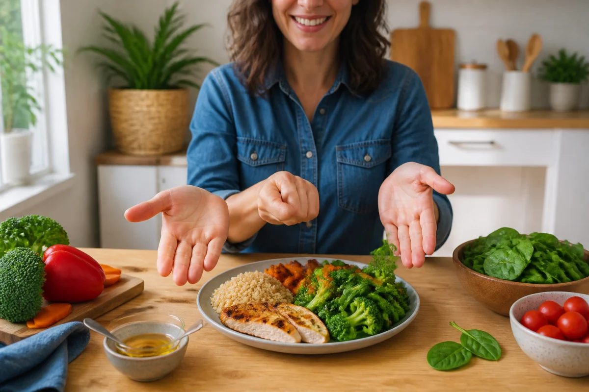 Repères de portions alimentaires avec paume, poing et poignées, autour d’une assiette équilibrée en cuisine lumineuse
