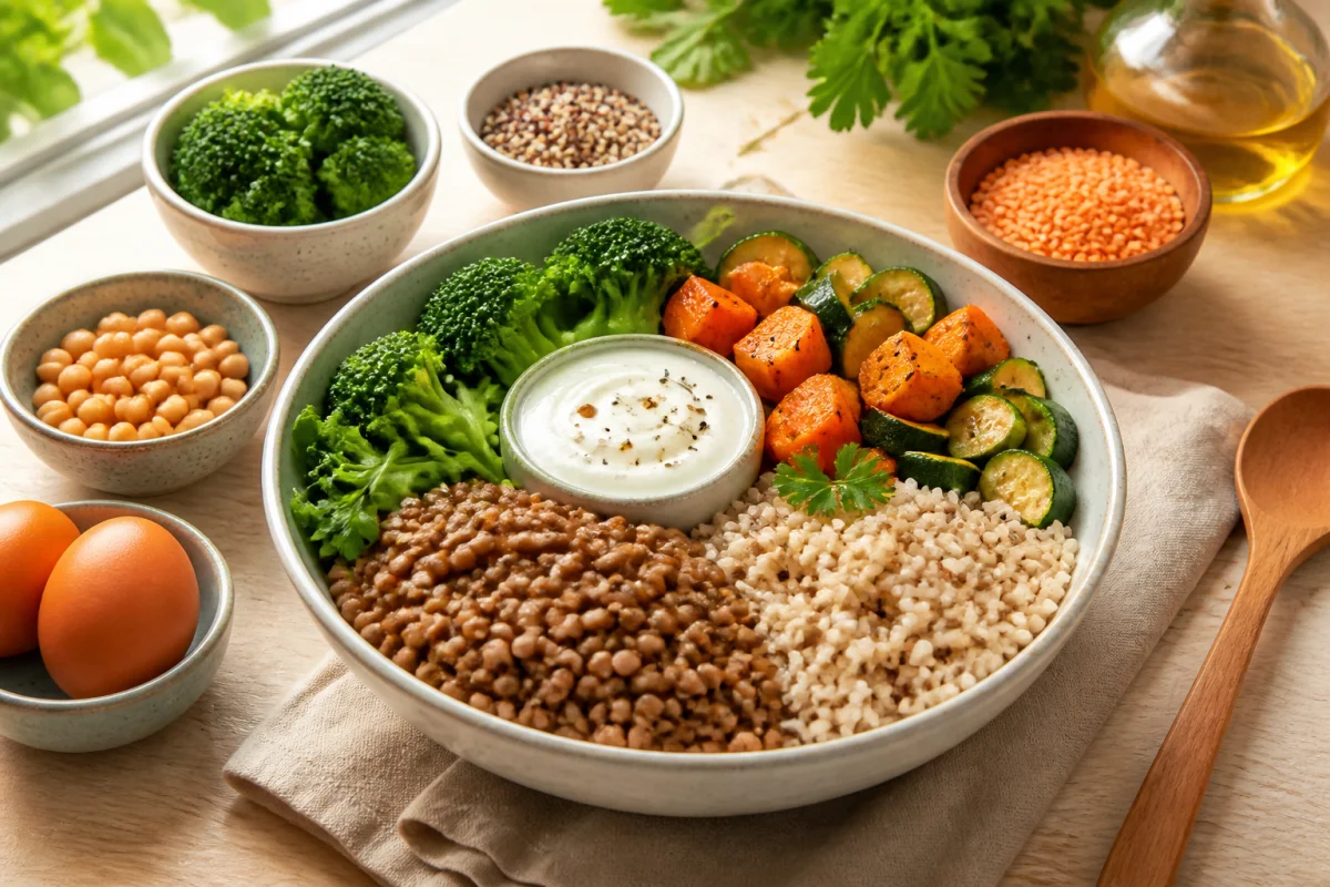 Bol-repas équilibré de lentilles, légumes rôtis, riz complet et yaourt, illustrant les portions et satiété au quotidien.