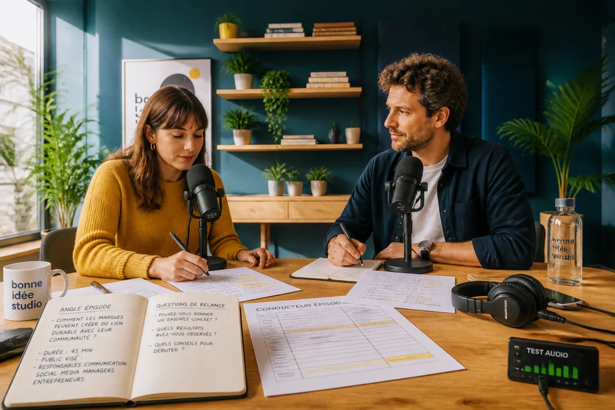 Deux professionnels préparent un podcast de marque autour d’une table, avec microphones, conducteur détaillé et notes annotées.