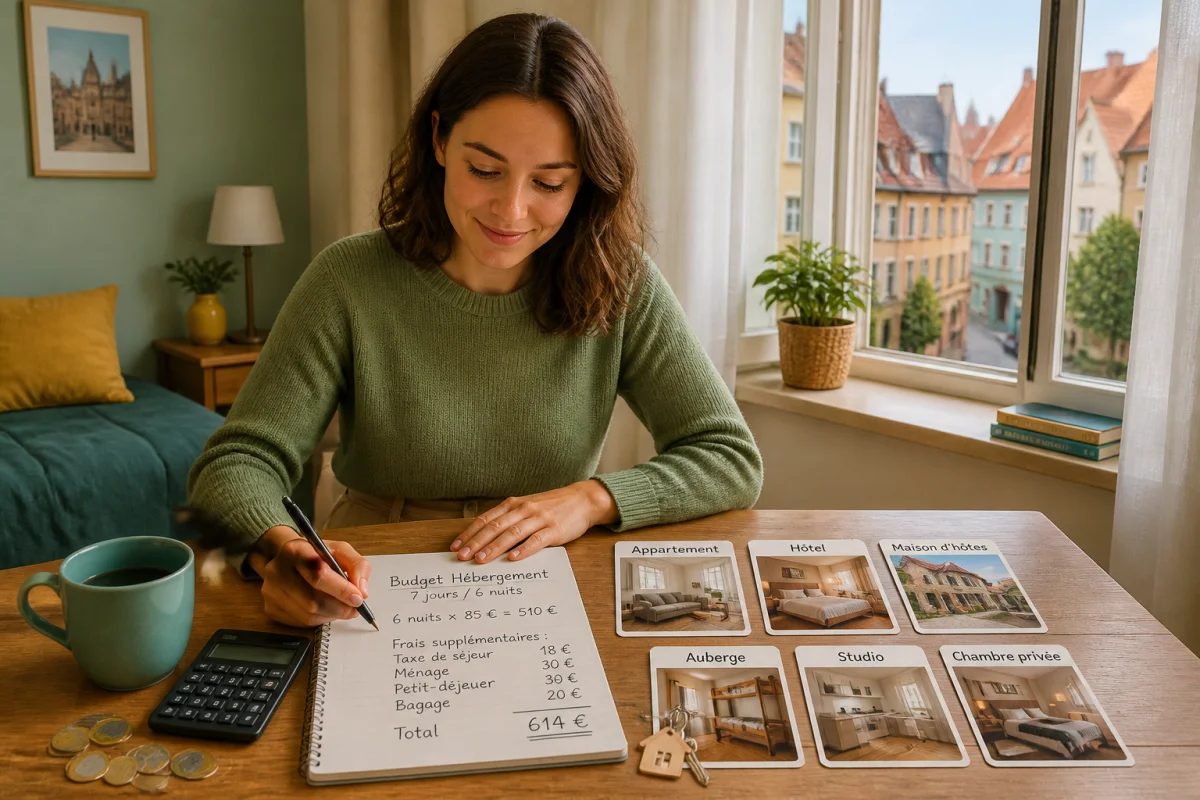 Voyageuse préparant un budget voyage en Europe, calculant six nuits, tarifs d’hébergement et frais supplémentaires dans un carnet.