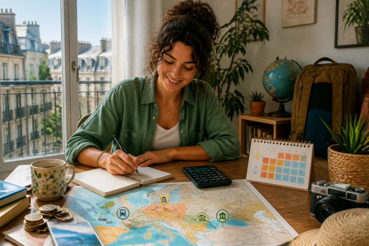 Voyageuse préparant un budget voyage en Europe avec carnet, calculatrice, pièces et carte européenne