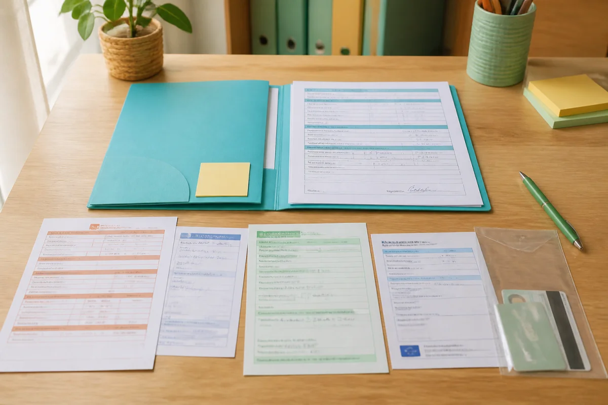 Dossier CPAM complet avec formulaire signé, justificatifs administratifs, feuille de soins et pochette transparente sur bureau lumineux